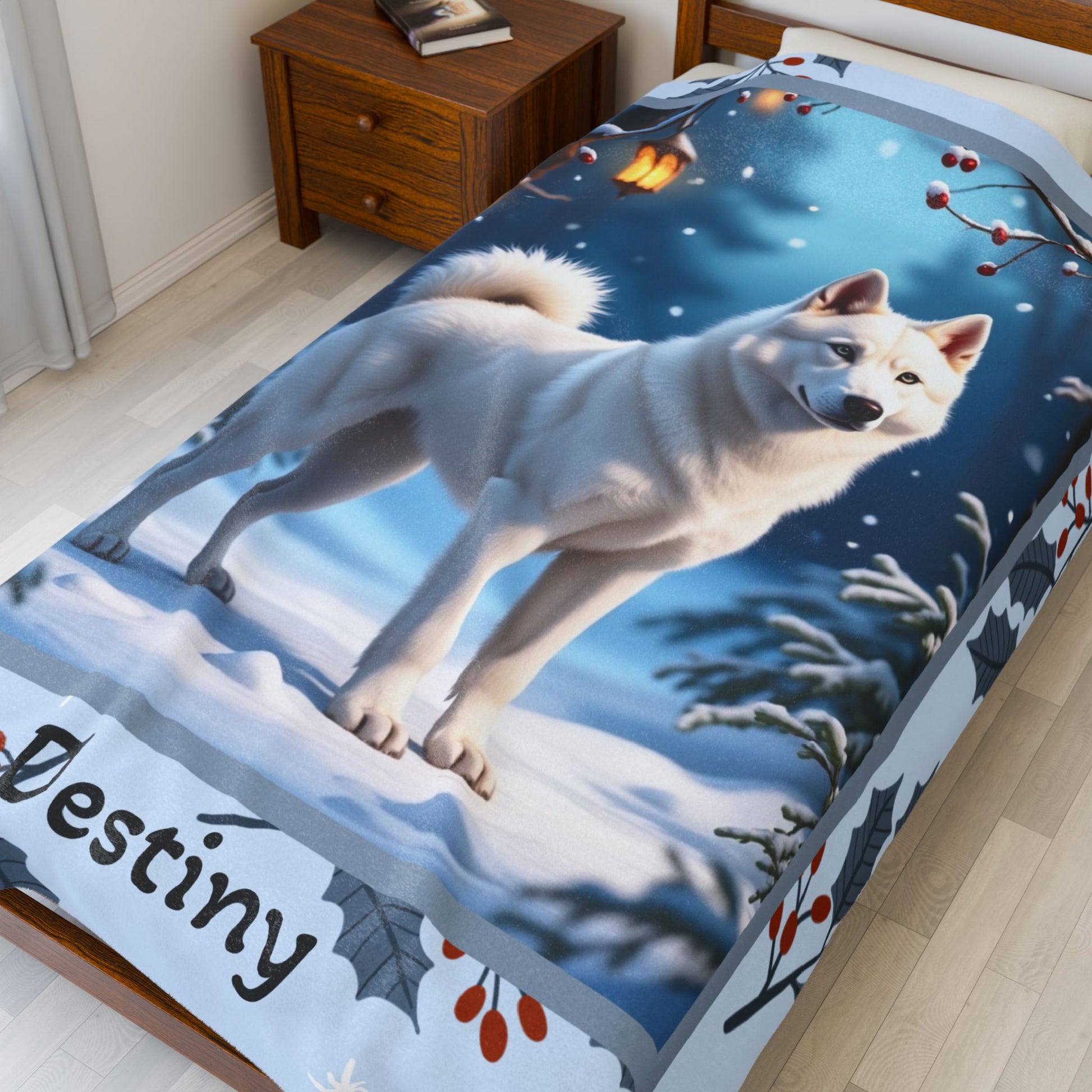 Husky White custom winter blanket showing a white Husky in a bright cheerful lodge winter illustration