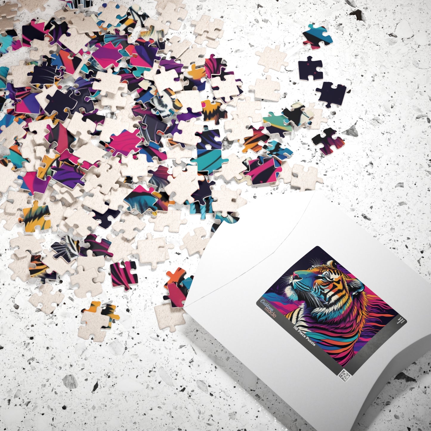Majestic Mindfulness - Psychedelic Tiger Puzzle with Rainbow Mane and Deep Purple Background