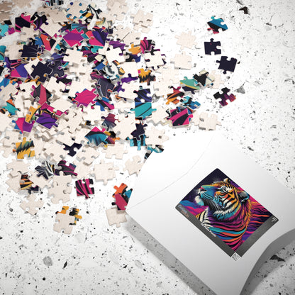 Majestic Mindfulness - Psychedelic Tiger Puzzle with Rainbow Mane and Deep Purple Background