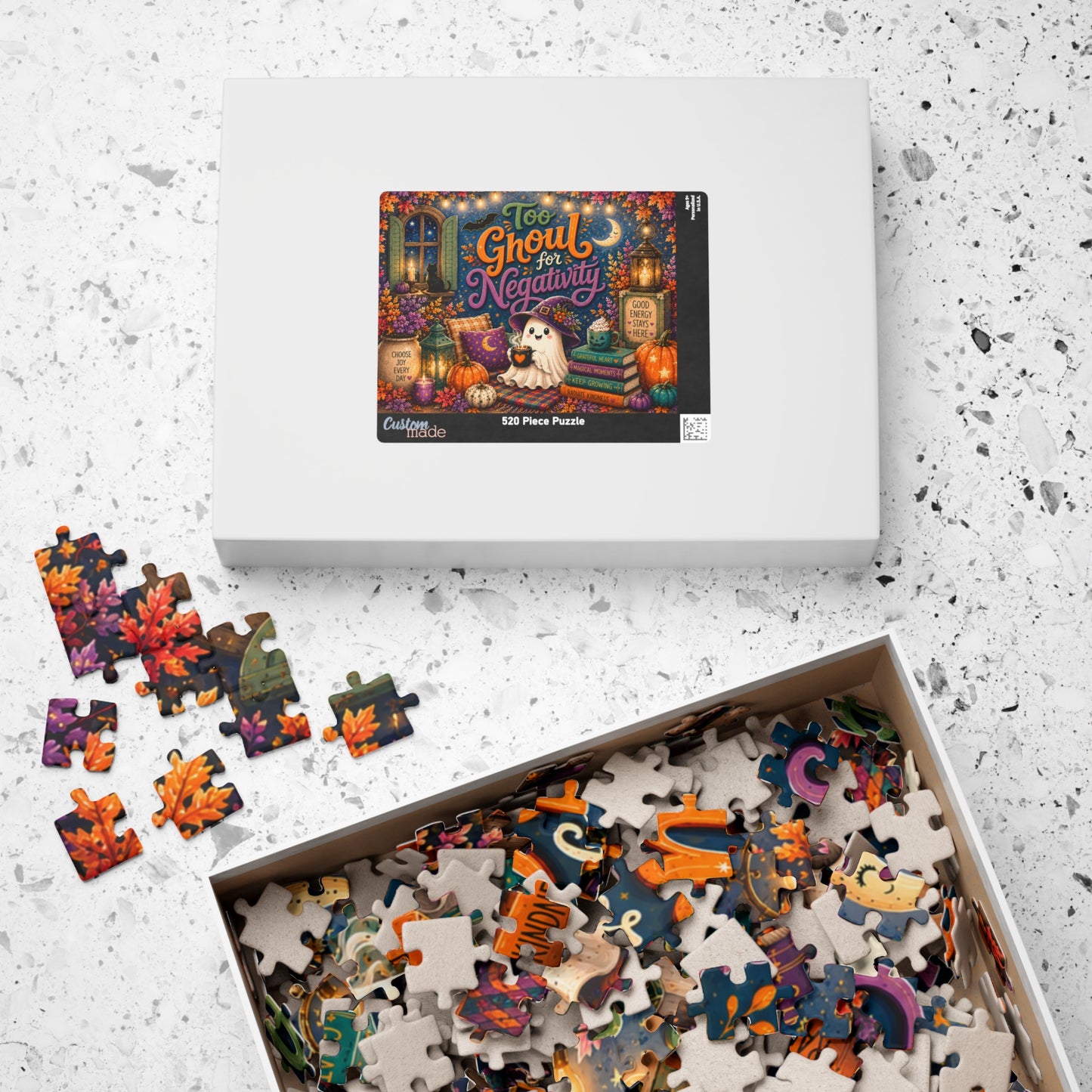 Too Ghoul for Negativity Halloween Puzzle - Ghost with Cauldron Mug, Good Energy Stays Here Sign, and Gratitude Books