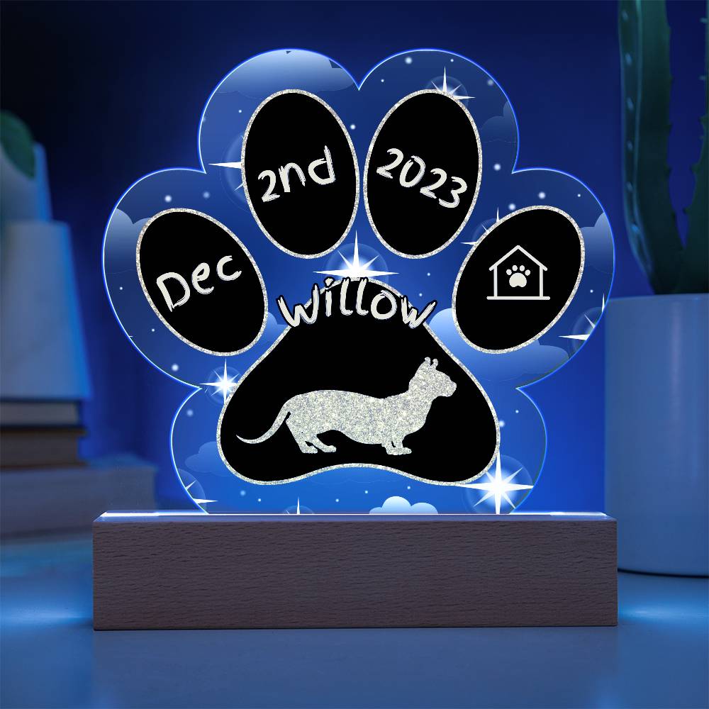 Dwelf cat custom 7" acrylic Gotcha Day paw print keepsake