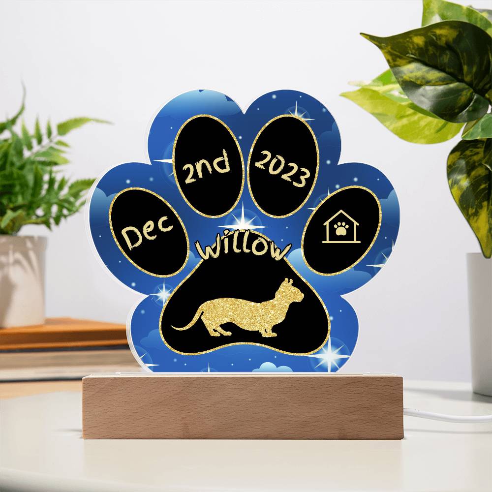 Dwelf cat custom 7" acrylic Gotcha Day paw print keepsake