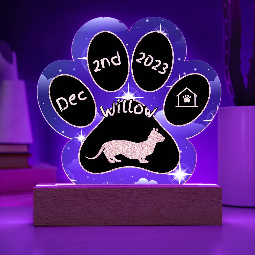 Dwelf cat custom 7" acrylic Gotcha Day paw print keepsake
