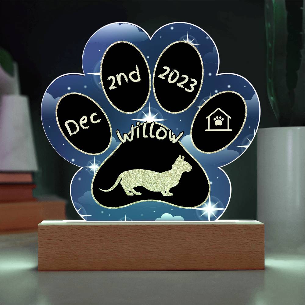 Dwelf cat custom 7" acrylic Gotcha Day paw print keepsake