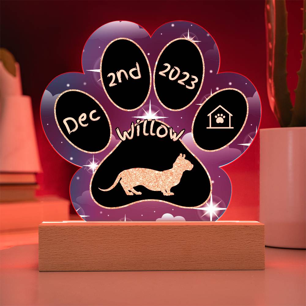 Dwelf cat custom 7" acrylic Gotcha Day paw print keepsake