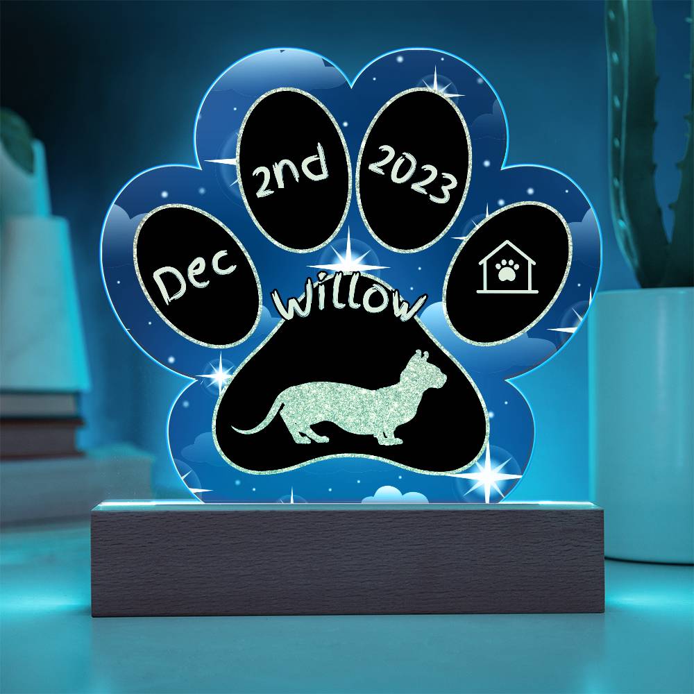 Dwelf cat custom 7" acrylic Gotcha Day paw print keepsake