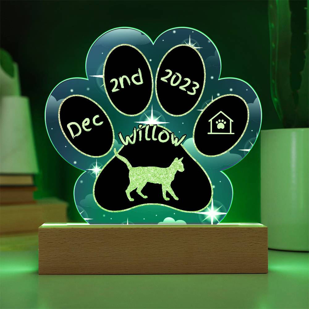 Serengeti Cat Gotcha Day Plaque - Personalized 7" LED Acrylic Paw Print Pet Gift