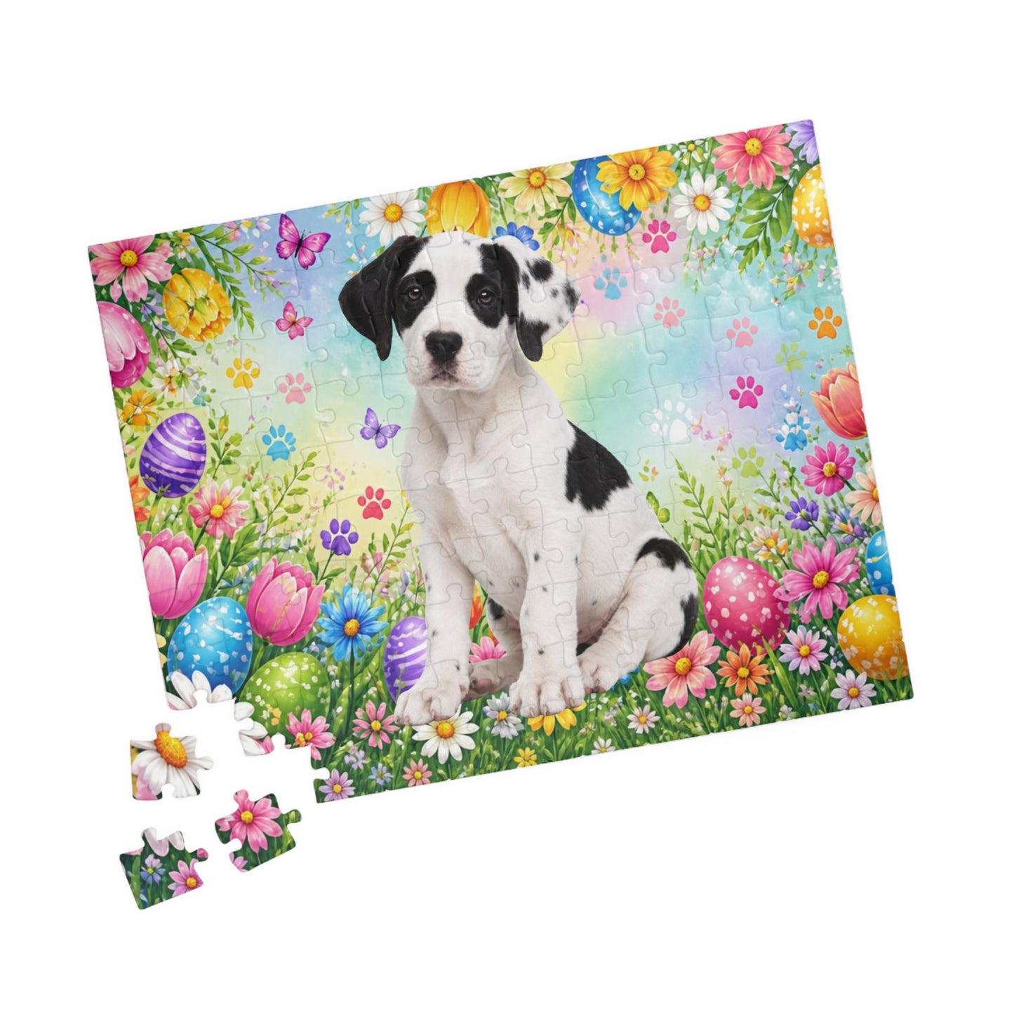 Great Dane (Piebald) Easter Puppy Puzzle - Spring Garden with Eggs, Tulips, and Daisies
