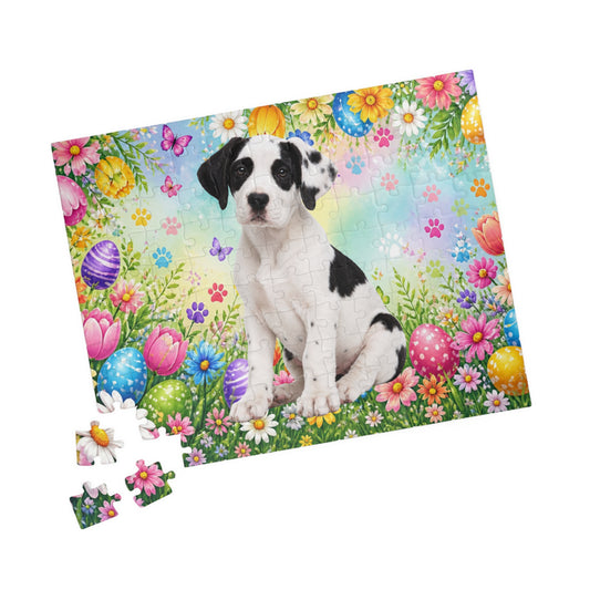 Great Dane (Piebald) Easter Puppy Puzzle - Spring Garden with Eggs, Tulips, and Daisies