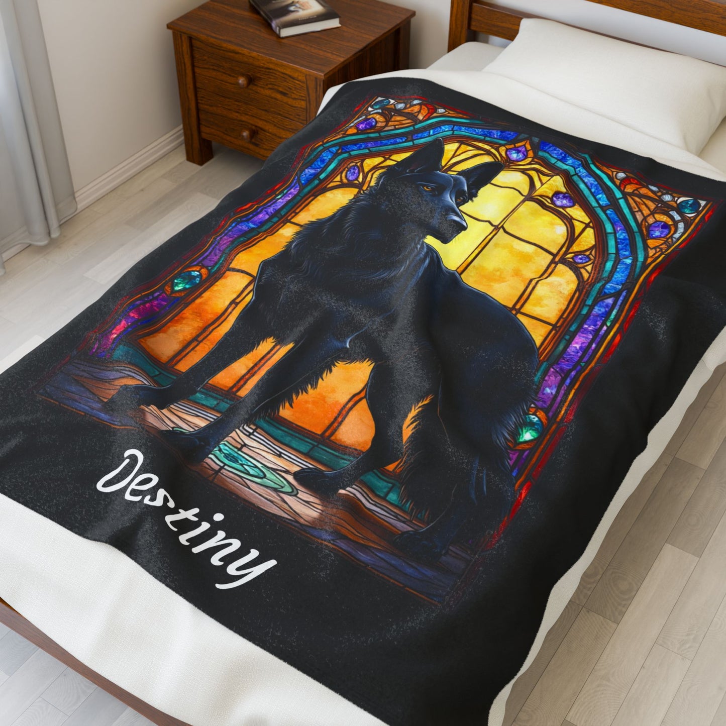 German Shepherd Black Coat Blanket, Stained Glass Dog Art Throw, Unique Gift for Humans