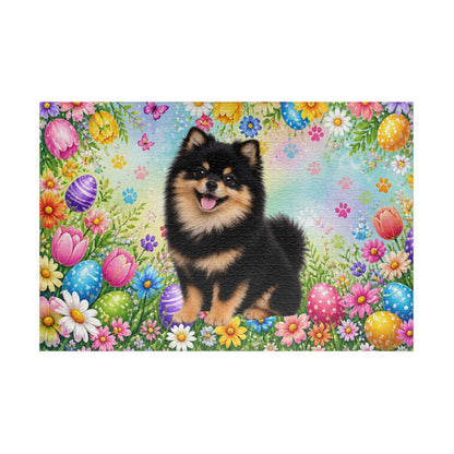Pomeranian (Black & Tan) Easter Puppy Puzzle - Spring Garden with Eggs, Tulips, and Daisies