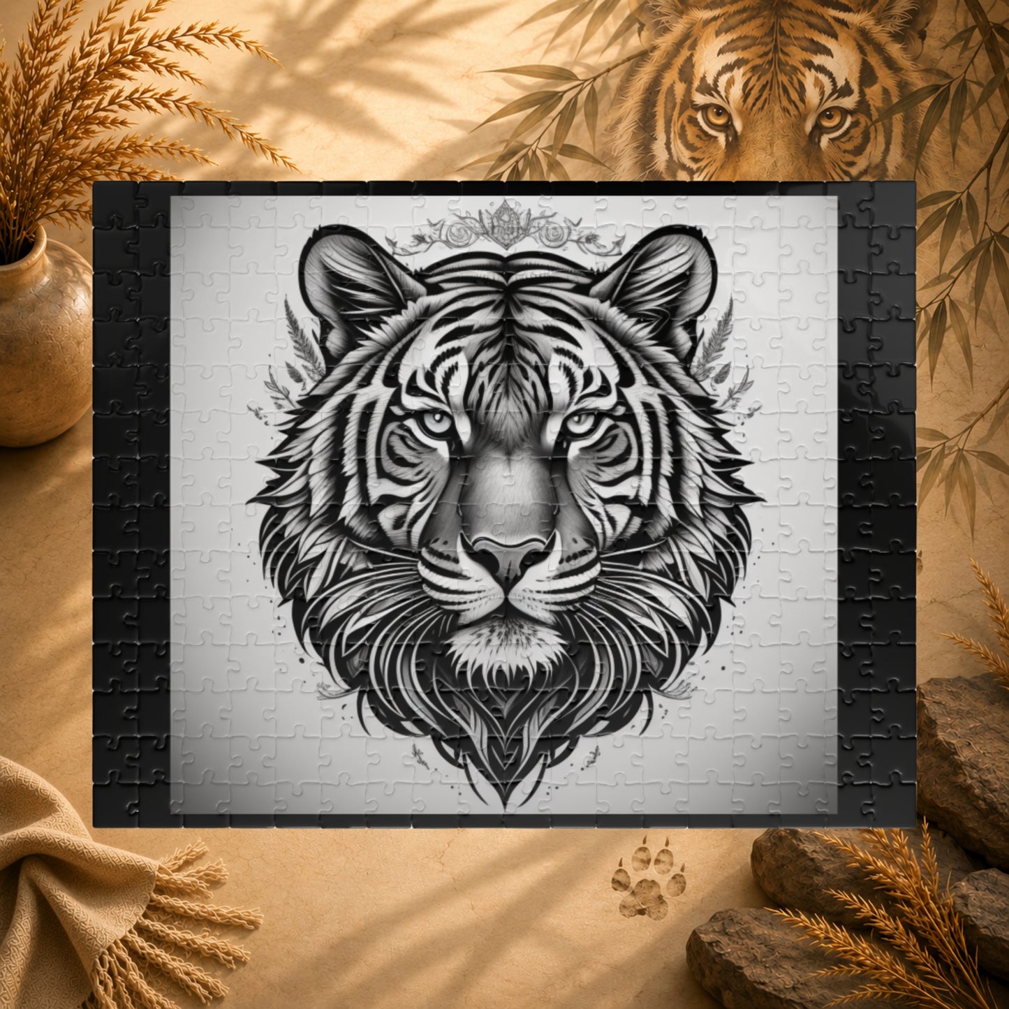Tiger head design on a puzzle with a white brick wall background
