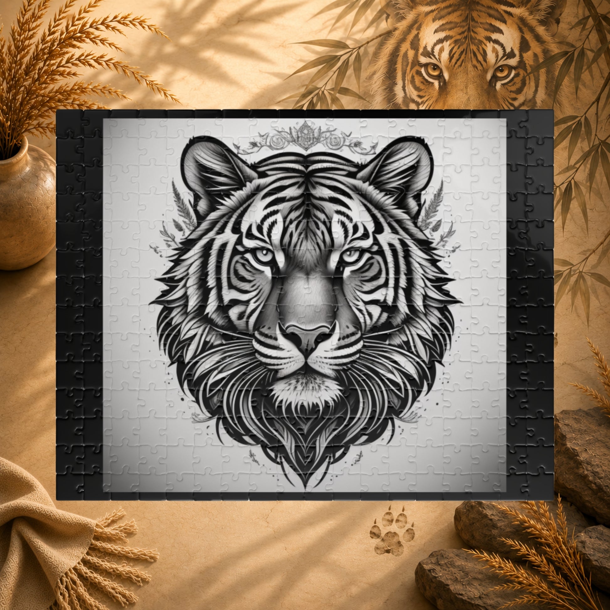 Tiger head design on a puzzle with a white brick wall background