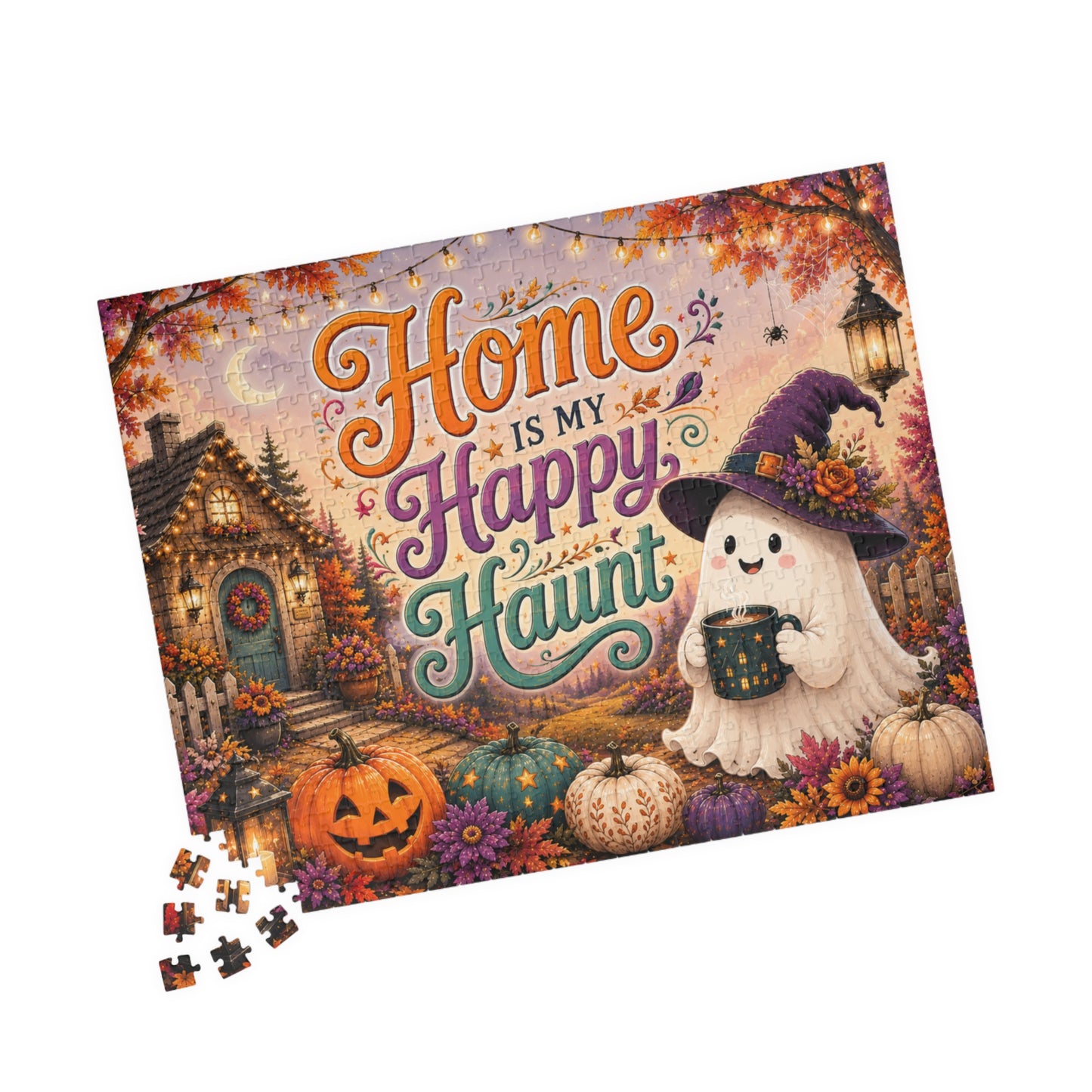 Home Is My Happy Haunt Halloween Puzzle - Witch Hat Ghost with Haunted House Mug and Fall Cottage