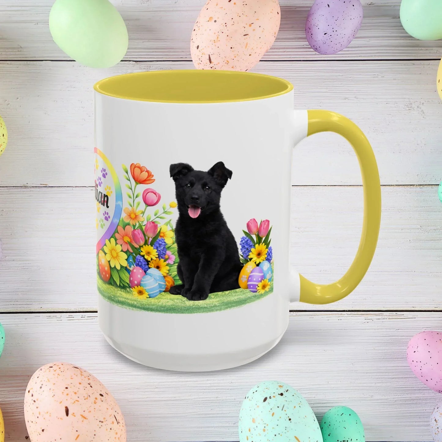 Shop our premium german shepherd black puppy easter mug from MySisterIsASurvivor.