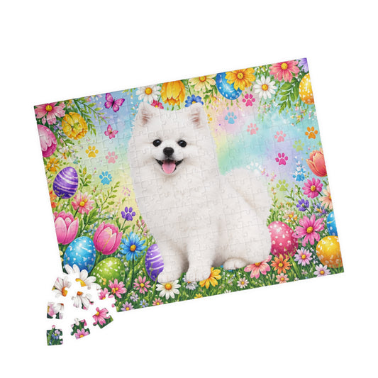Pomeranian (White) Easter Puppy Puzzle - Spring Garden with Eggs, Tulips, and Daisies