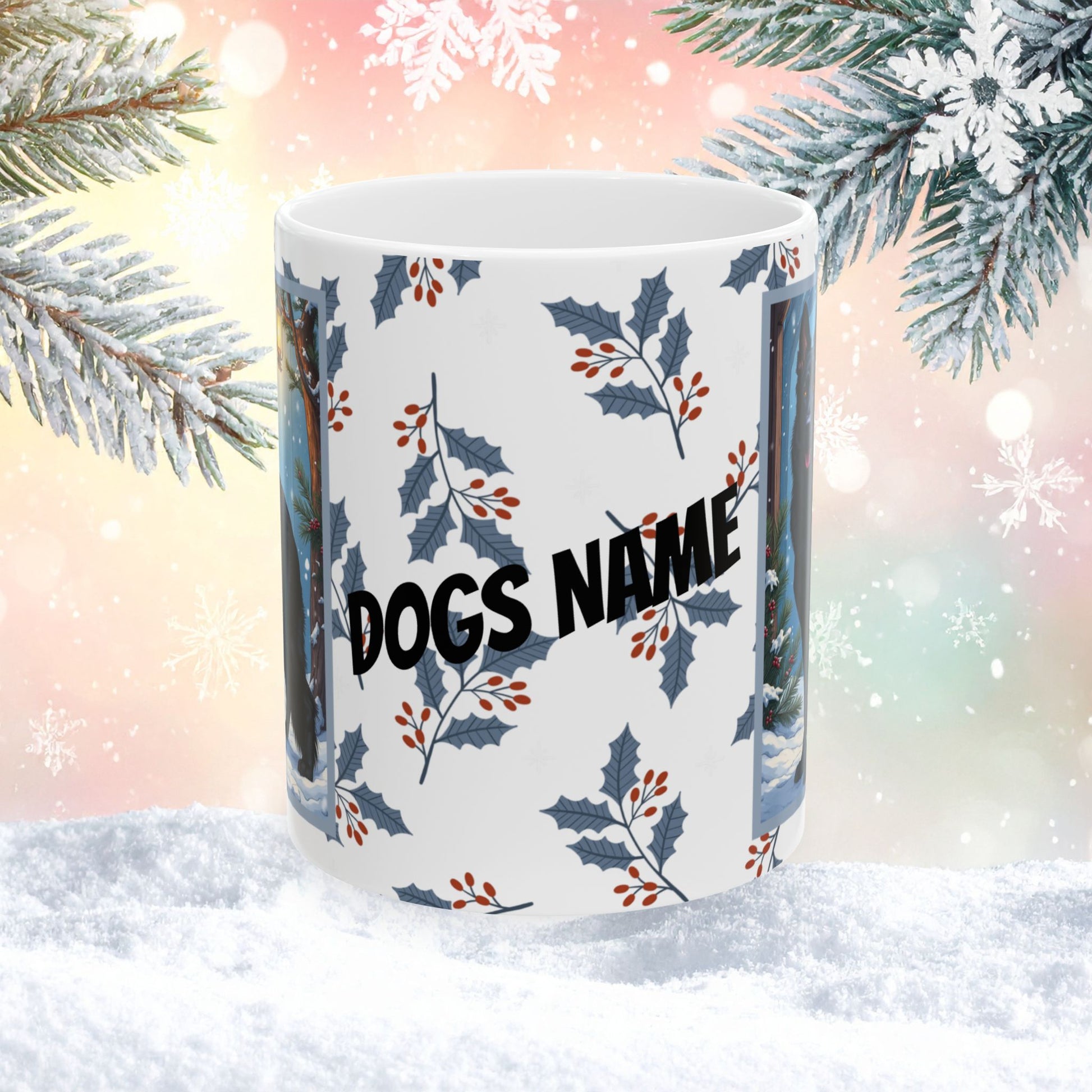 German Shepherd (Black) Winter Mug - black German Shepherd illustrated standing alert in a winter setting with snowy landscape