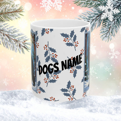 German Shepherd (Black) Winter Mug - black German Shepherd illustrated standing alert in a winter setting with snowy landscape