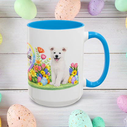 Shop our german shepherd white puppy easter mug featuring the 15oz style option from MySisterIsASurvivor.
