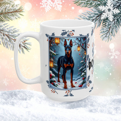 Doberman (Blue & Rust) Winter Mug - blue and rust Doberman artwork standing in a cozy winter setting with snow-covered trees