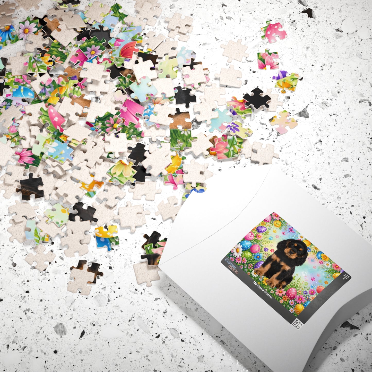 American Cocker Spaniel (Black & Tan) Easter Puppy Puzzle - Spring Garden with Eggs, Tulips, and Daisies