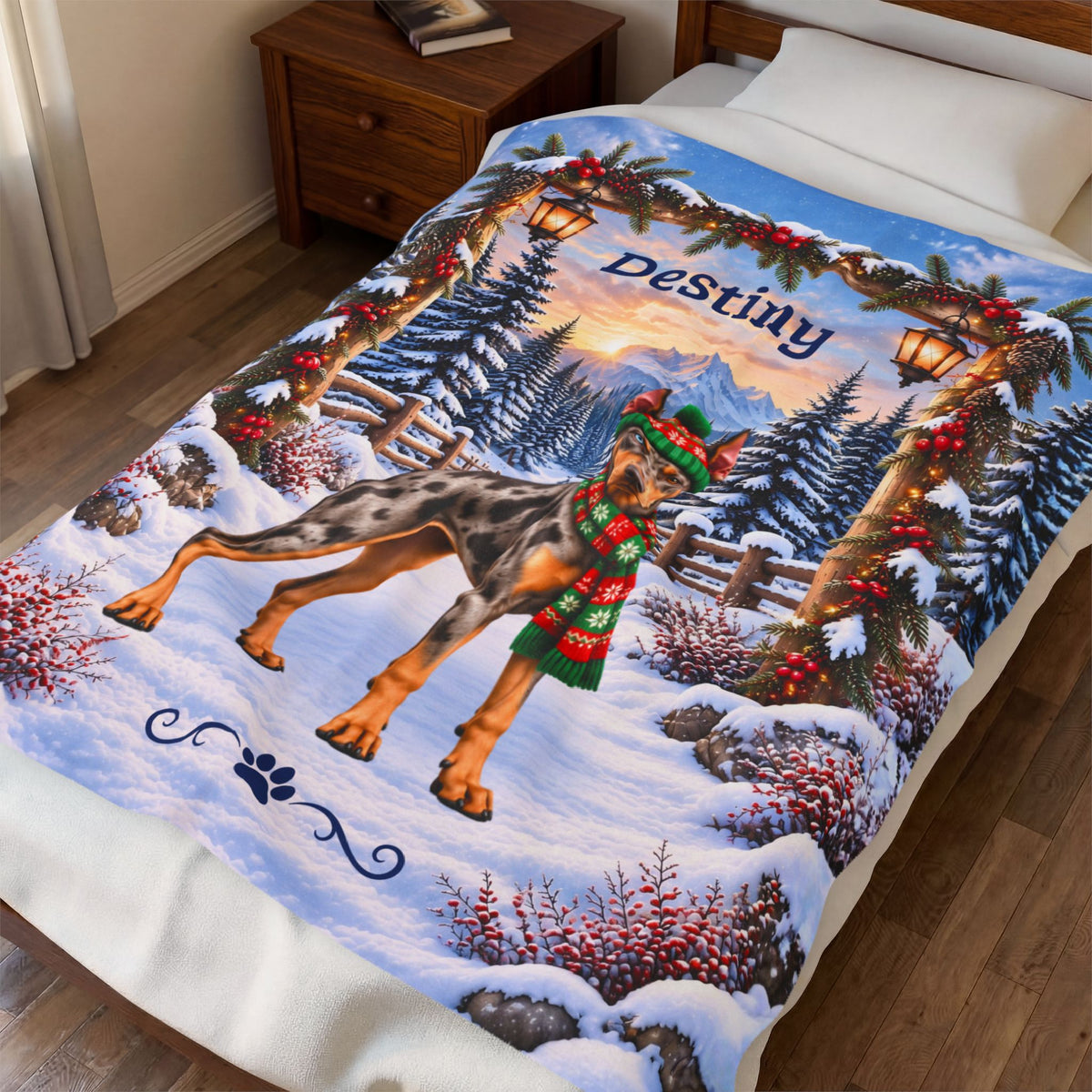 Doberman (Merle Coat) - Personalized Winter Blanket, Lantern-Lit Woodland Velveteen Throw