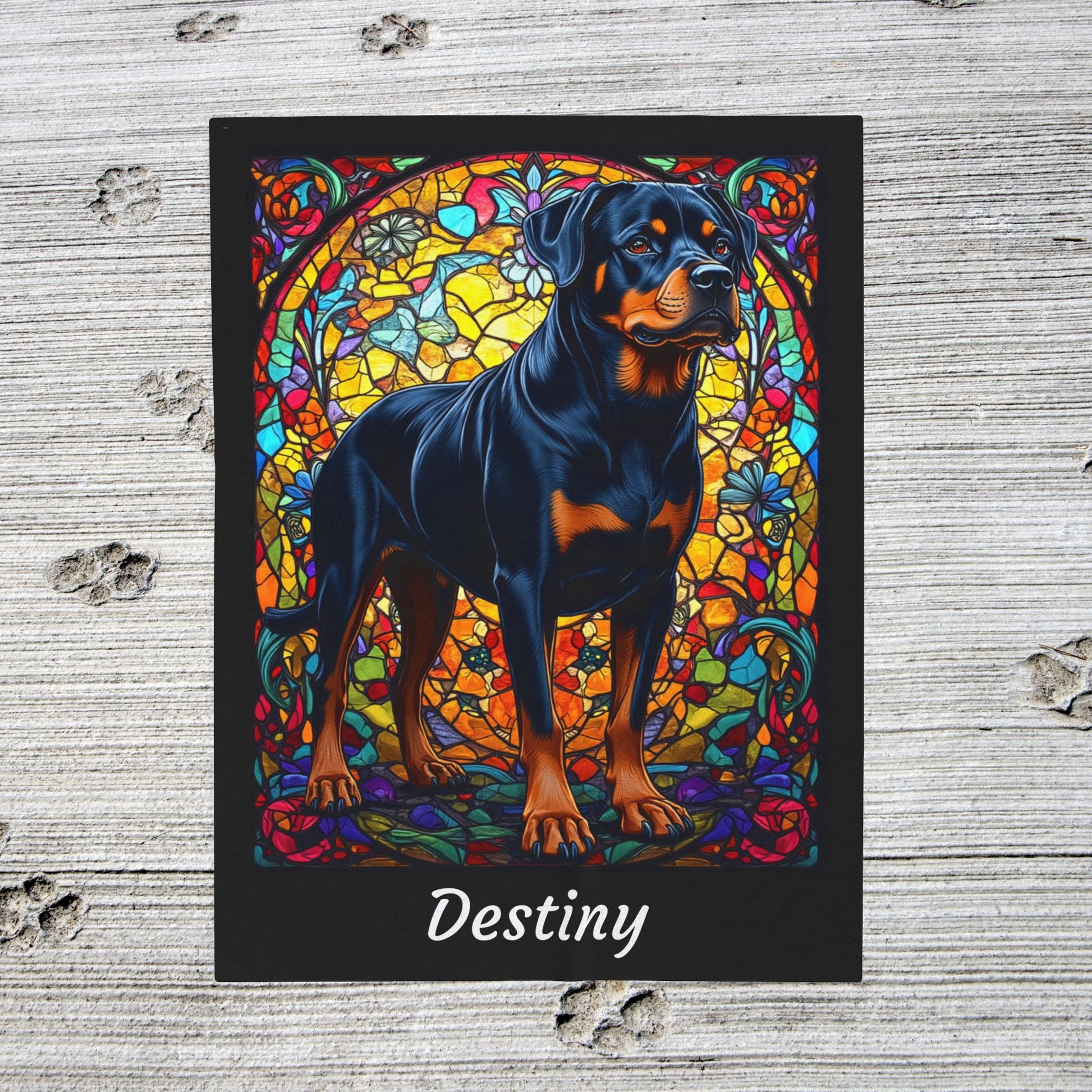 Rottweiler Black & Rust Coat Blanket, Velveteen Plush Stained Glass Dog Throw, Custom Pet Lover Gift