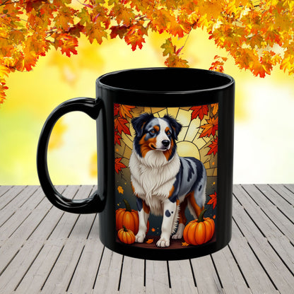 Australian Shepherd Blue Merle - Autumn black mug, personalized Aussie dog coffee cup for pet lovers