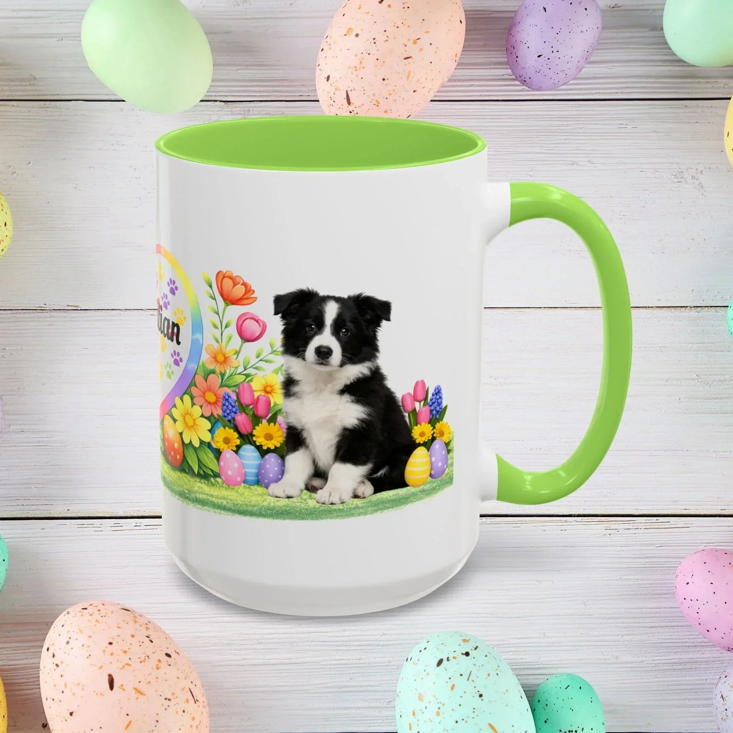 Shop our border collie black white puppy easter mug featuring the 15oz style option from MySisterIsASurvivor.