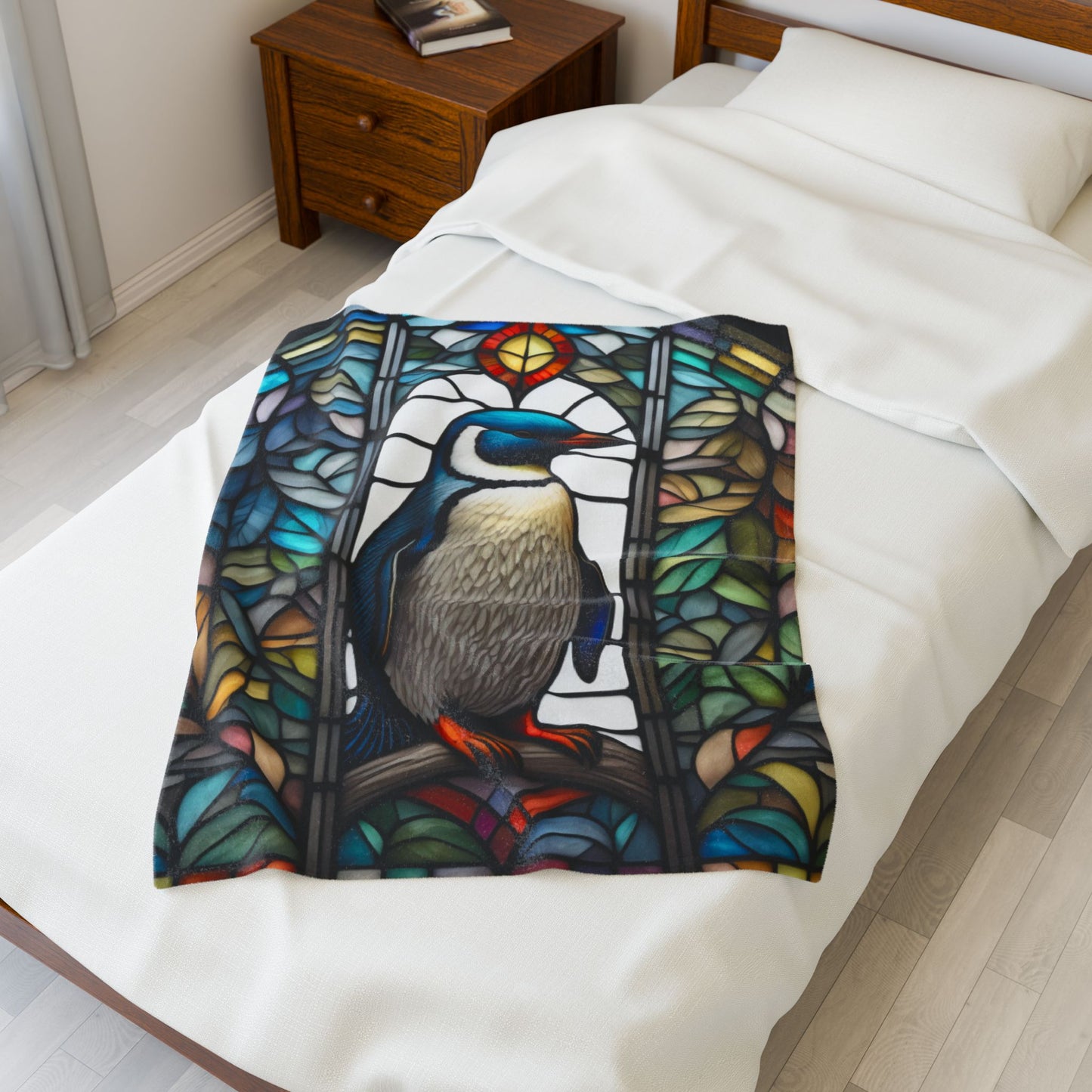 A cozy penguin blanket with stained glass-inspired art, perfect for winter warmth and comfort.
