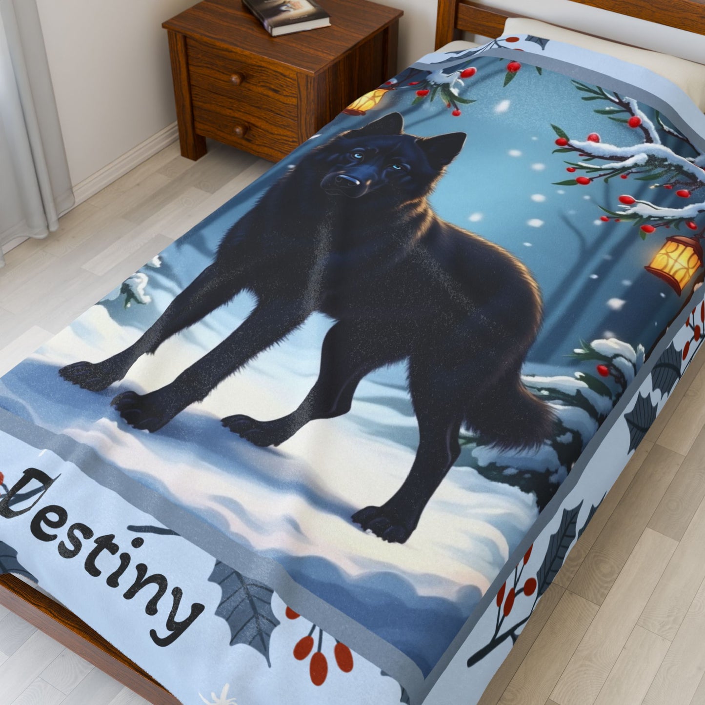 Husky Black custom winter blanket featuring a noble Husky standing in a bright illustrated winter lodge scene