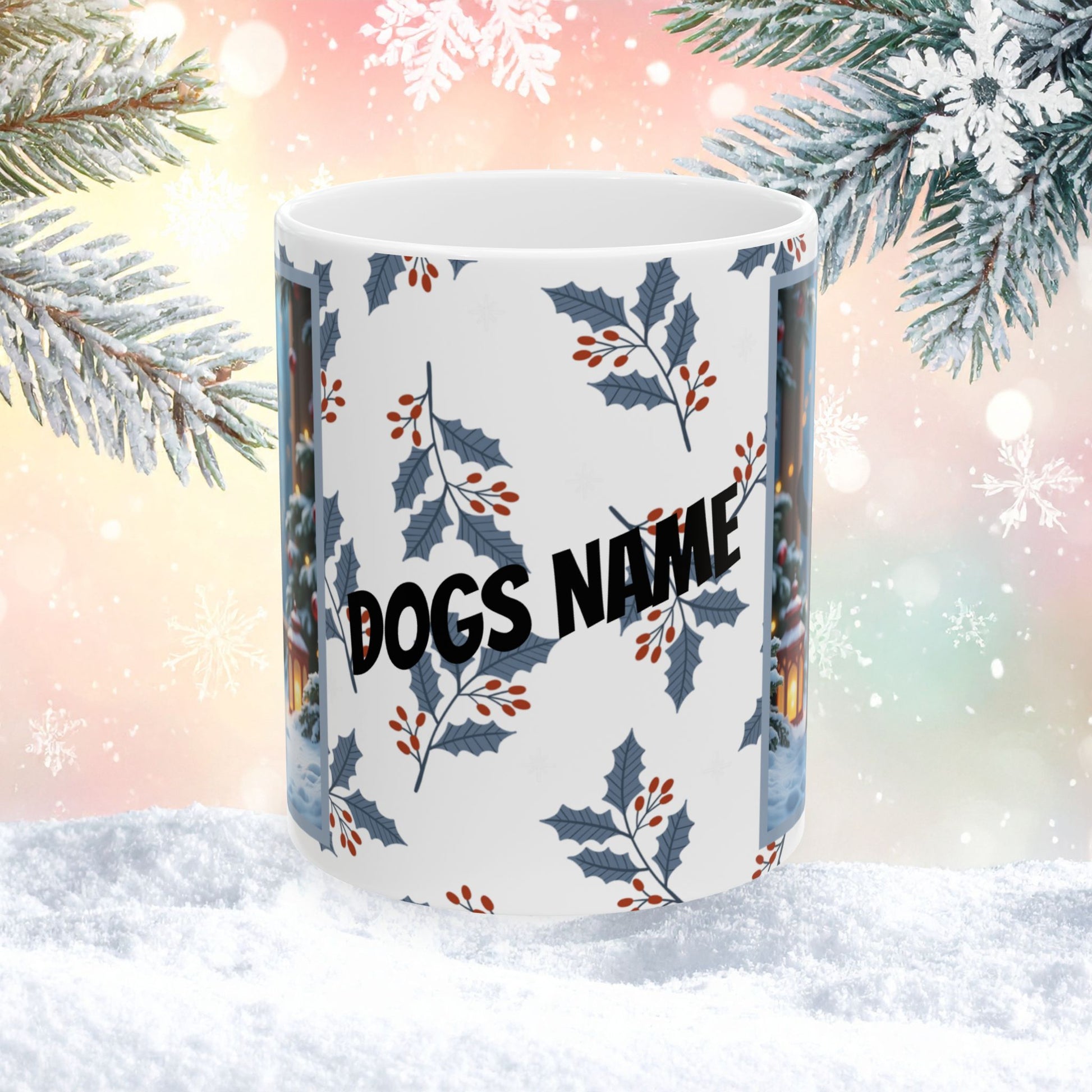 Labrador Retriever (Black) Winter Mug - black labrador retriever illustrated standing in a winter scene with snow-covered ground