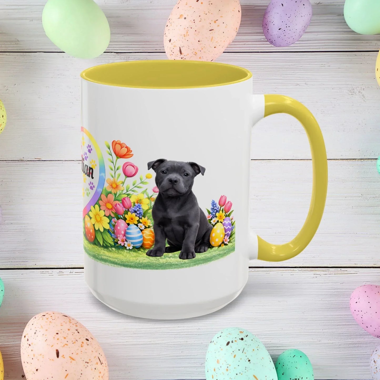 Shop our premium pitbull blue puppy easter mug from MySisterIsASurvivor.