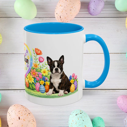 Shop our boston terrier brindle puppy easter mug featuring the 11oz style option from MySisterIsASurvivor.