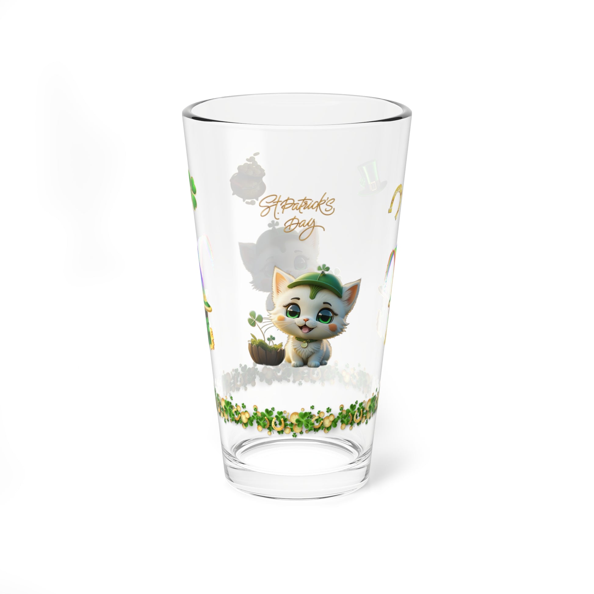 Clover Comfort Cat: Mindful St. Patrick's Day 16oz Pint Glasses - Festive Design for Positivity & Wellness