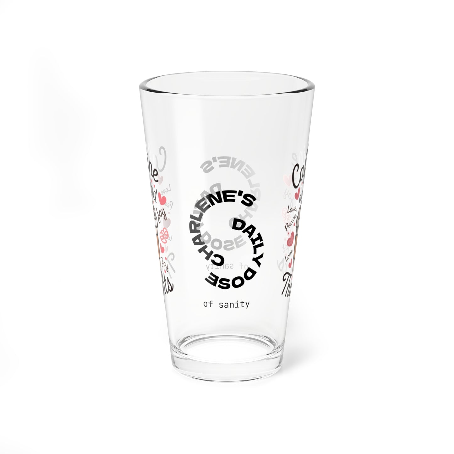 "Caffeine And Kind Thoughts" personalized funny pint glass with humor and daily doses of self-care and positivity.