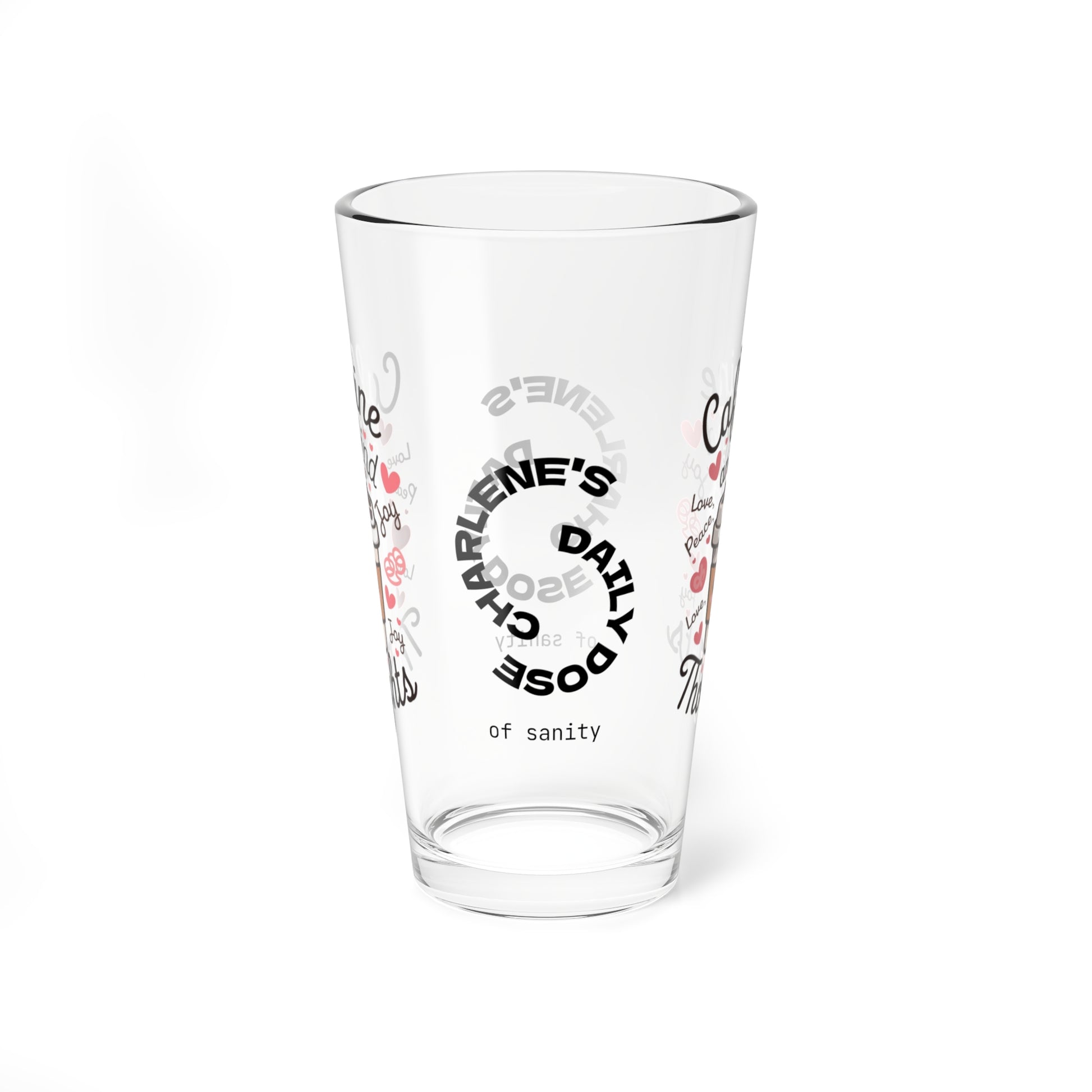 "Caffeine And Kind Thoughts" personalized funny pint glass with humor and daily doses of self-care and positivity.