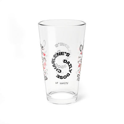 "Caffeine And Kind Thoughts" personalized funny pint glass with humor and daily doses of self-care and positivity.