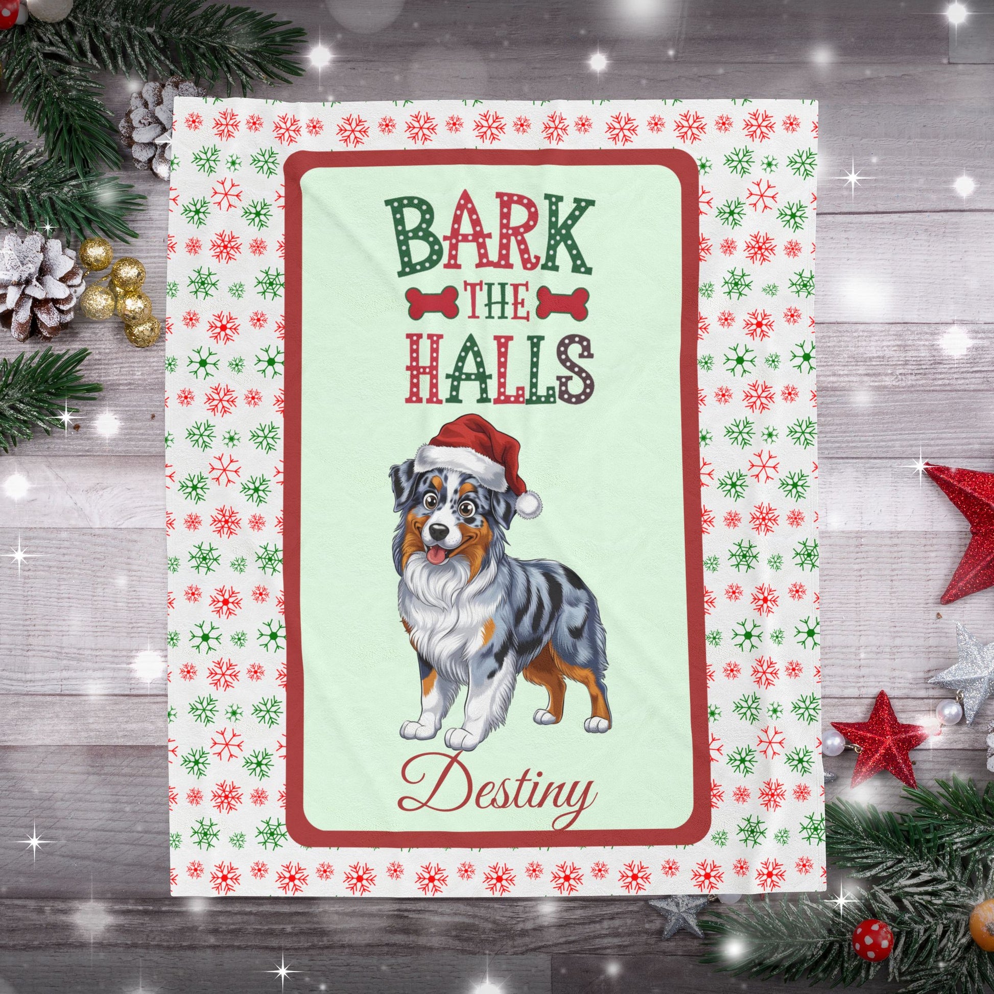 Blue Merle Australian Shepherd personalized velveteen blanket, cozy bark the halls dog throw