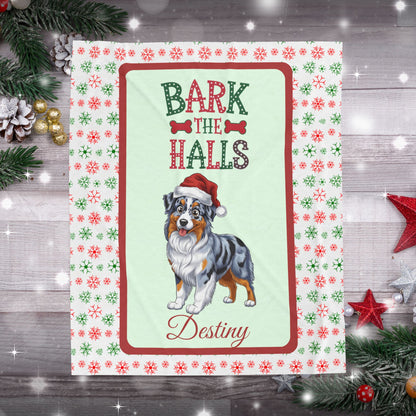 Blue Merle Australian Shepherd personalized velveteen blanket, cozy bark the halls dog throw