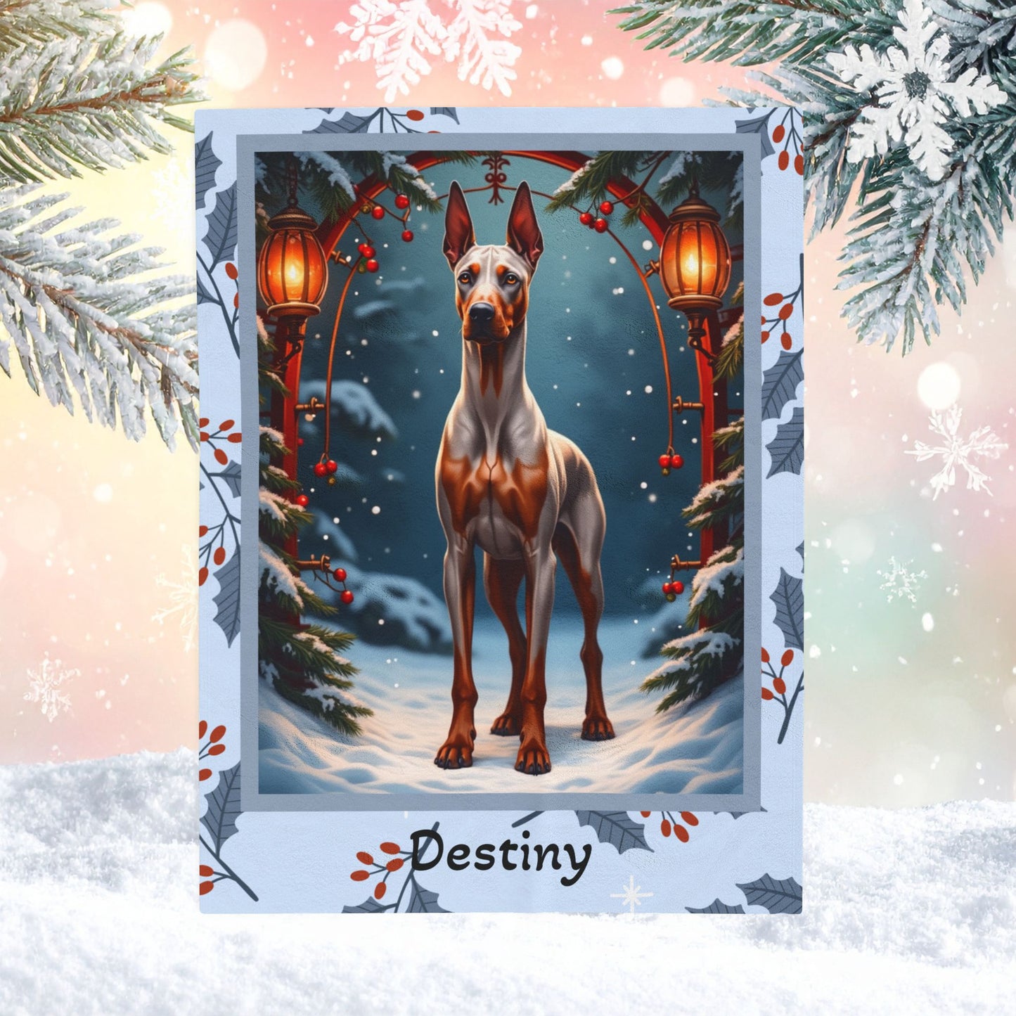 Doberman Fawn and Rust custom winter throw showing a proud Doberman in a cheerful snow-covered lodge setting