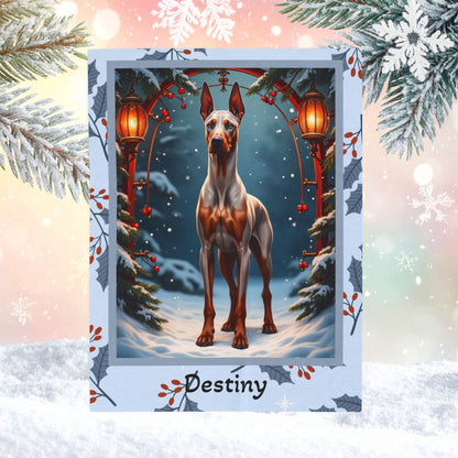 Doberman Fawn and Rust custom winter throw showing a proud Doberman in a cheerful snow-covered lodge setting