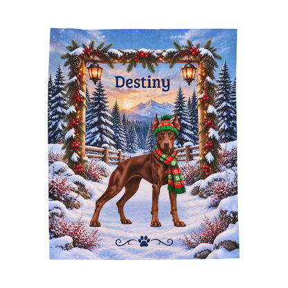Doberman (Red Coat) - Personalized Winter Blanket, Custom Name Velveteen Throw