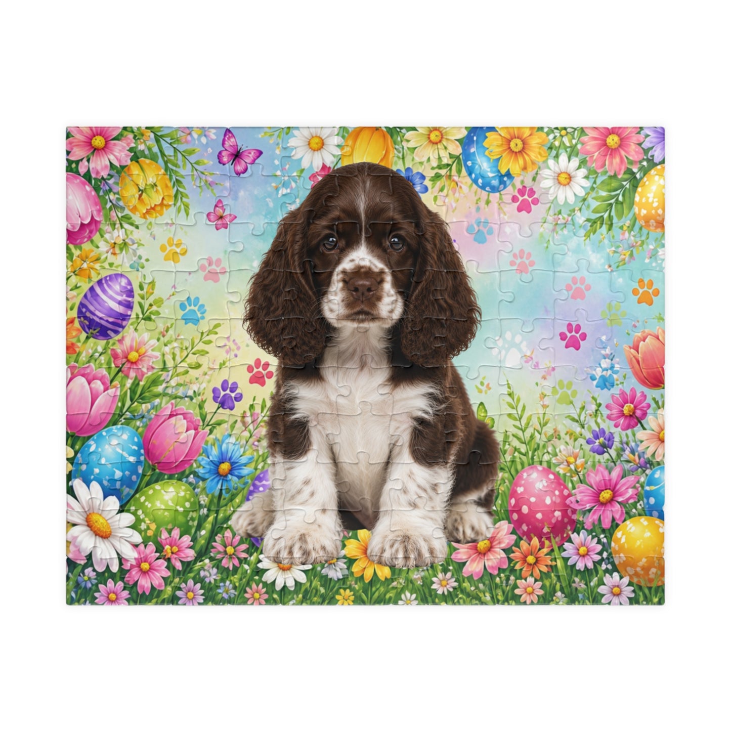 American Cocker Spaniel (Liver & White) Easter Puppy Puzzle - Spring Garden with Eggs, Tulips, and Daisies