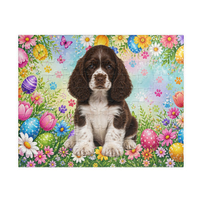 American Cocker Spaniel (Liver & White) Easter Puppy Puzzle - Spring Garden with Eggs, Tulips, and Daisies