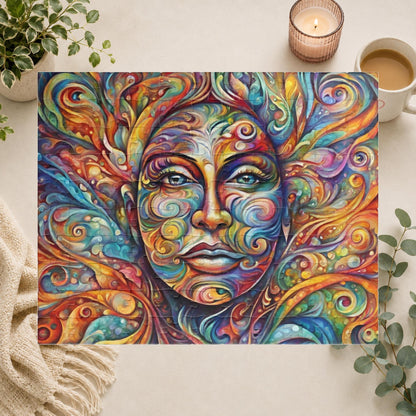 Therapeutic Canvas - Psychedelic Face-as-Canvas Puzzle with Swirling Spirals in Teal, Orange, and Purple