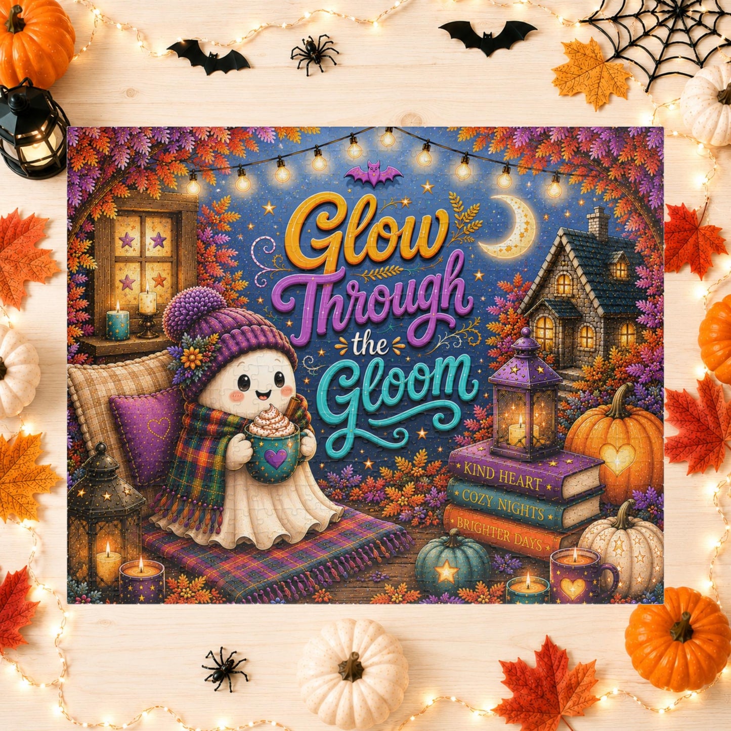 Glow Through the Gloom Halloween Puzzle - Cozy Ghost with Heart Mug, Kind Heart Books, and Cottage