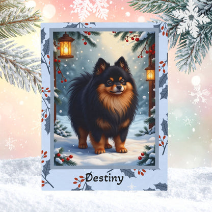 Pomeranian Black and Tan custom winter blanket featuring a fluffy Pom in a cozy illustrated lodge setting