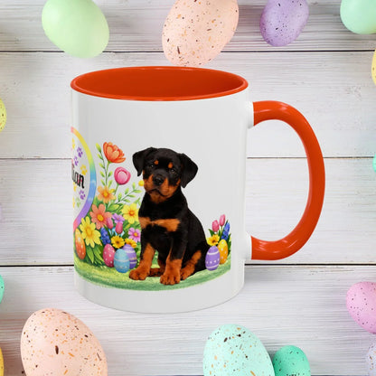 Shop our rottweiler black rust puppy easter mug featuring the 11oz style option from MySisterIsASurvivor.