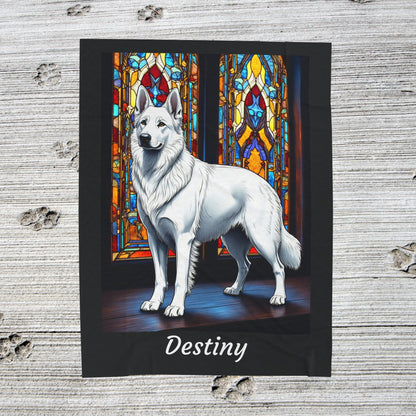 German Shepherd White - Velveteen Plush Stained Glass Dog Blanket - Personalized German Shepherd Pet Blanket, Dog Lover Throw